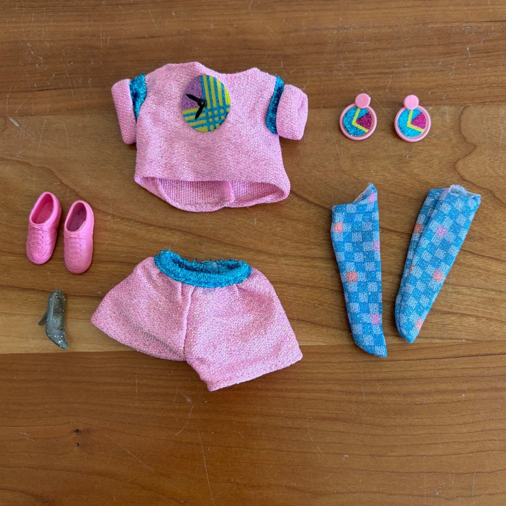 Vintage 1986 Fun Time Barbie Outfit Pink Shimmer Top Shorts Leg Warmers Shoes